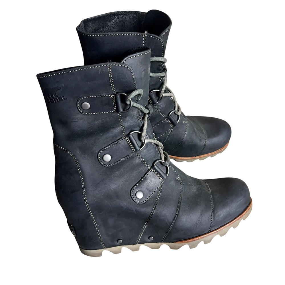 Sorel Lea Wedge Boots Black Leather Lace Up Ankle NL2173-010 Womens 8.5